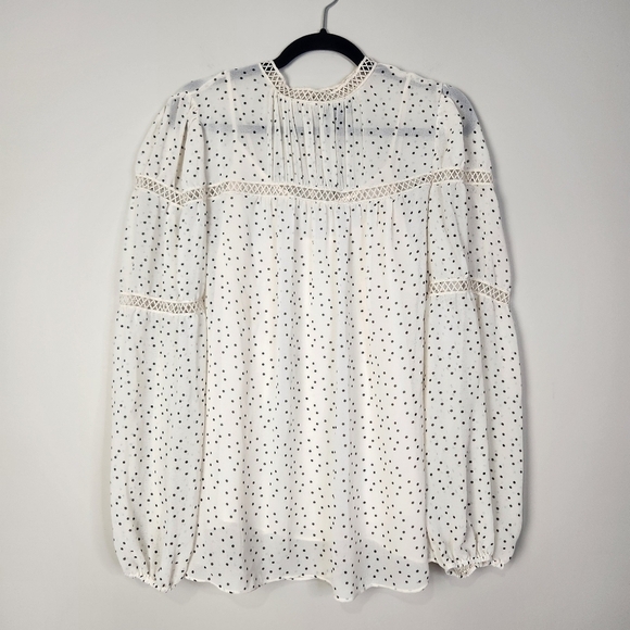 Women's Cream & Black Speck Print Peasant High Neck Sheer Blouse Large - Picture 3 of 16